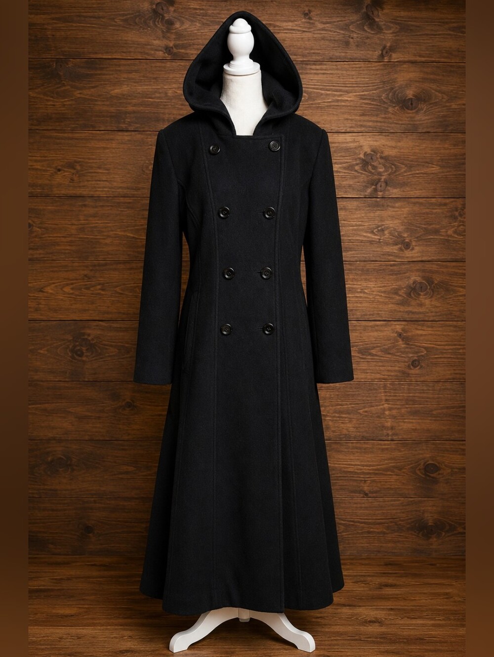 Anne Klein Black Hooded Double-Breasted 100% Wool Long Coat Women Size 16 - Picture 2 of 16